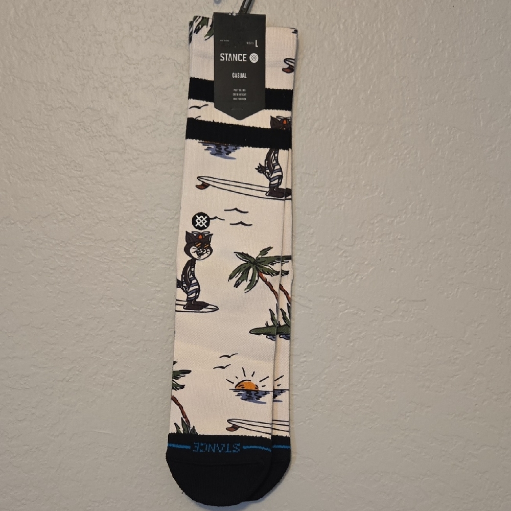 Stance Black and White Surfing Cat Socks, Mens L Size 9-13, Crew
